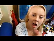 Lovely chubby blonde does a nice blowjob in a train